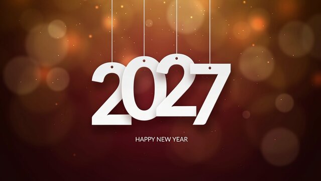 2027 Happy New Year greeting card with white hanging numbers on a dark bokeh background