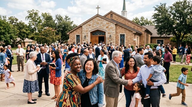 Diverse group of people gathered outside a church smiling and interacting
