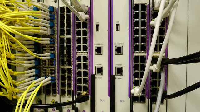 Data Center Network Switch Rack Close-Up Slow Pan 4K