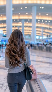 Woman seen from behind walking through a bright modern airport while pulling luggage, capturing travel, tourism, vacation, departure and international journey concepts.
