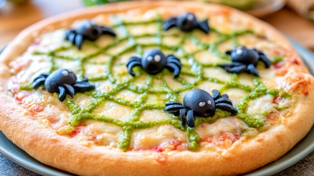 Delicious baked pizza decorated with a creative green spider web design and black olive spiders, creating a playful and spooky Halloween food presentation.