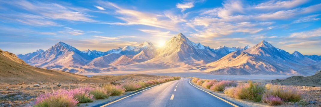 Scenic mountain highway winding through a vast alpine valley beside a blue lake, surrounded by dramatic peaks, open wilderness and bright summer skies.