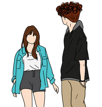 Faceless young couple illustration standing together casual youth fashion lifestyle drawing isolated on white background(Tradu&ccedil;&atilde;o: Ilustra&ccedil;&atilde;o de jovem casal sem rosto de p&eacute; juntos desenho de estilo de