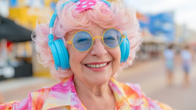 Cheerful elderly woman with pink curly hair, colorful glasses and headphones smiling outdoors, expressing joyful aging, individuality, music and modern senior lifestyle.