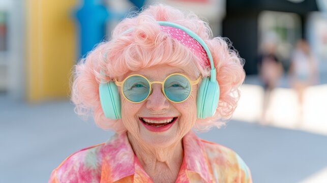Cheerful elderly woman with pink curly hair, colorful glasses and headphones smiling outdoors, expressing joyful aging, individuality, music and modern senior lifestyle.