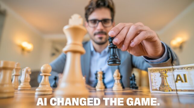 AI changing the game concept, showing a businessman moving a chess piece while artificial intelligence transforms strategy, competition, decision-making, and the future of business.
