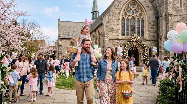 Family celebrating Easter with egg hunt near church decorated with flowers and balloons