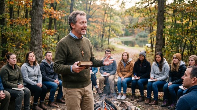 Pastor leading outdoor bible study group in autumn forest with campfire and lake background