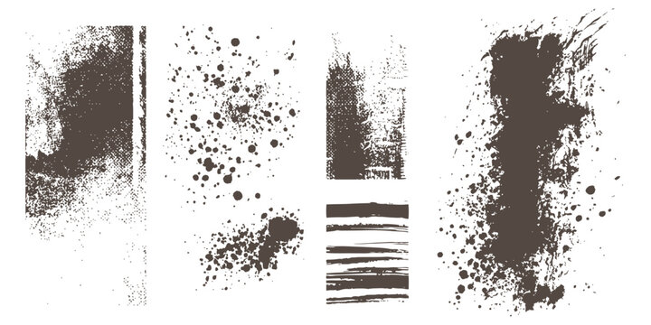 Dark grunge texture ink splatter paint splash and distressed halftone background elements vector illustration.