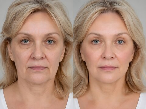 Before and after PDO thread lift for mid-face sagging skin reduction