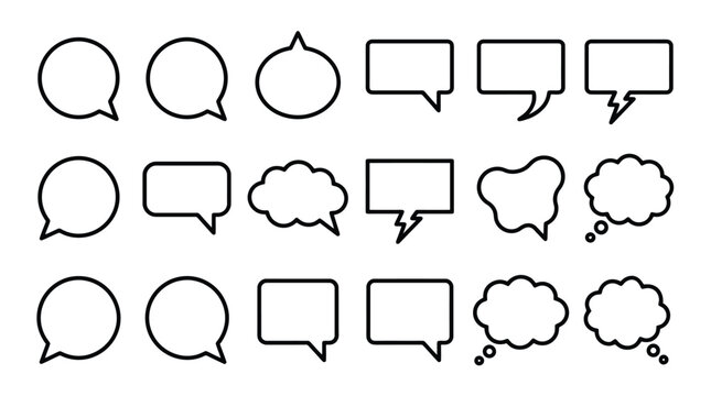 Minimalist speech bubble icons set, 18 black line chat clouds. Comic thought bubbles and message balloons for web design and social media.