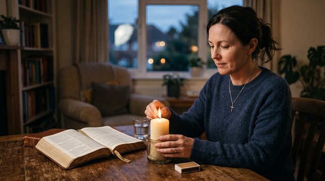 Woman lighting a candle next to an open bible at dusk in a cozy living room