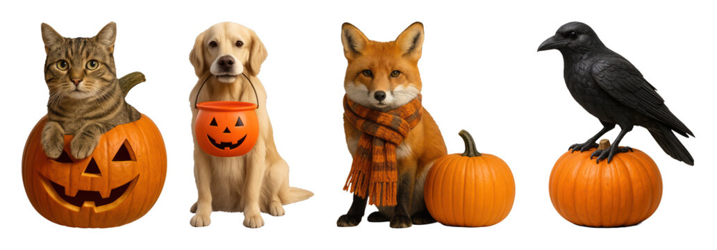 PNG Animals with pumpkins in Halloween theme, transparent background