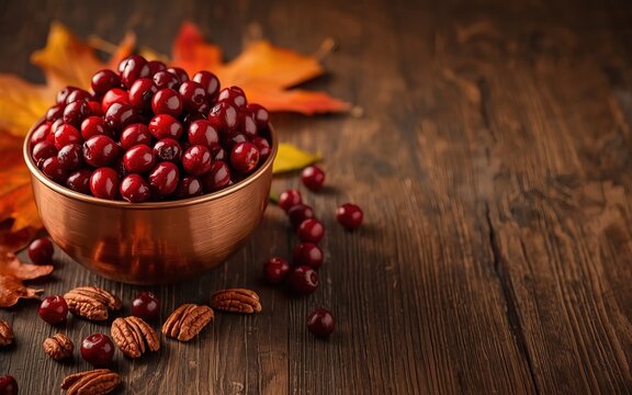 Copper bowl of fresh cranberries with pecans and autumn leaves on wooden table