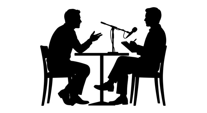 Silhouette of two men at a table with microphones against a white background