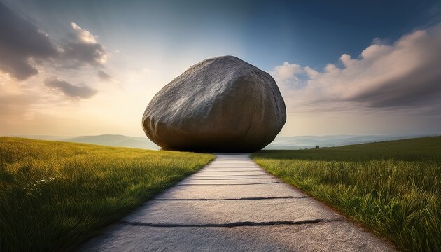 a heavy boulder in front of a narrow path symbolizing obstacles in emotional healing emotional obstacles