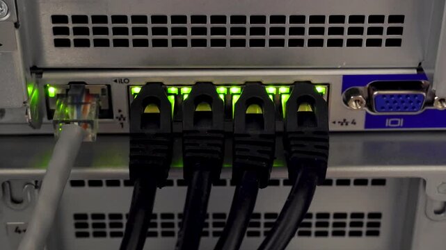 Server Rack Ethernet Ports Green LED Lights Static B-Roll 4K