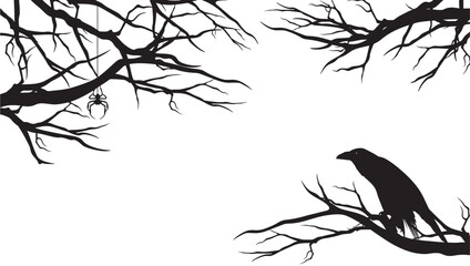 Obraz premium Branches, Spider, and Crow Silhouette, Halloween Spooky Design, Gothic Illustration, Dark Autumnal Concept