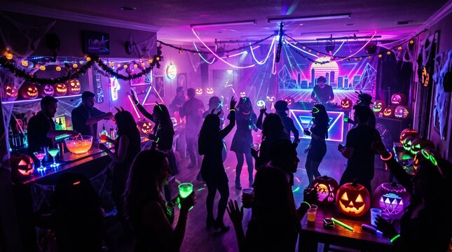 People dancing at a Halloween party with neon lights and jack o lanterns