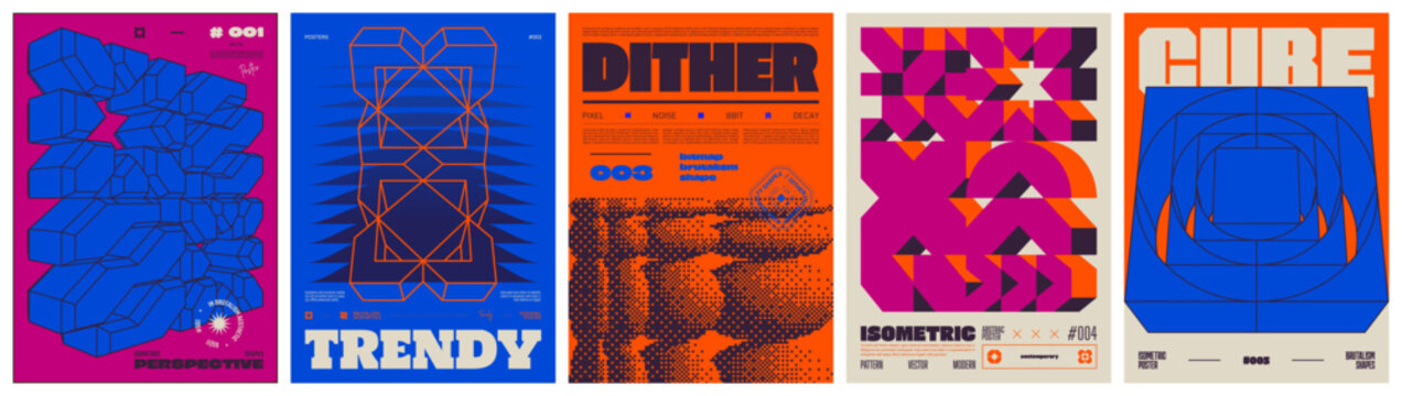 Set modernism art colorful trendy posters, abstract geometric A4 rave postmodern composition, artwork in minimalism and brutalism style, vector simple shapes print graphic in Y2K aesthetics set 40