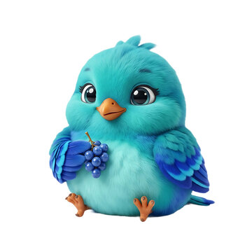 Adorable blue bird character holding grapes, cute fluffy avian mascot on white background, 3D render of a sweet baby bird with soft feathers