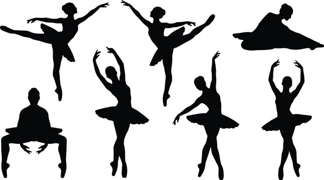 Ballet Dancer Silhouette Collection Showing Elegant Dance Poses on White Background