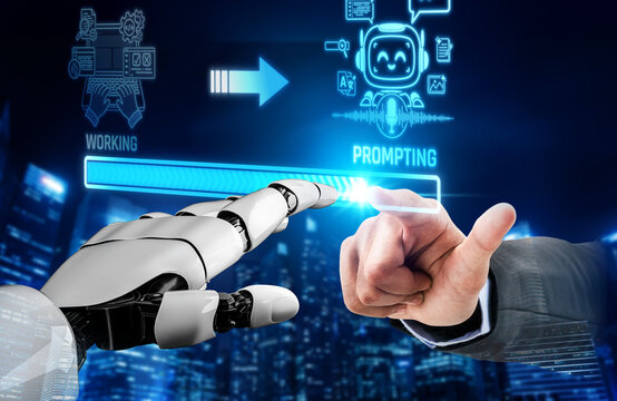 Futuristic Interaction Between Human Hand and Robotic Arm Symbolizing Collaboration in AI, Technology, and Innovation in Digital World. Liminal.