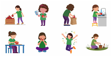 Fototapeta premium Set of little girl characters showing healthy apple eating habits and lifecycle from picking to planting flat vector illustration