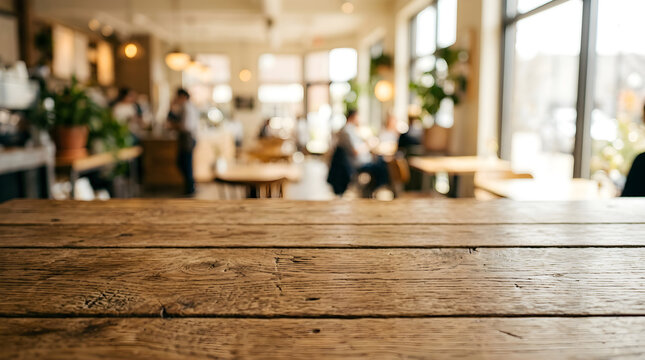 Empty rustic wooden table in a bright, airy restaurant with large windows and blurred patrons in the background, ideal for food display