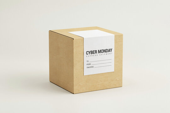 Cyber Monday cardboard shipping box with white label. Brown paper parcel for online shopping delivery. Minimalist retail package.