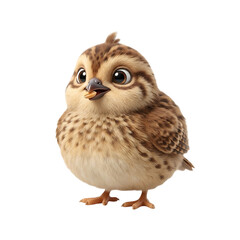 Fototapeta premium Adorable baby sparrow character, cute round fledgling bird with brown feathers, charming wildlife illustration on white background