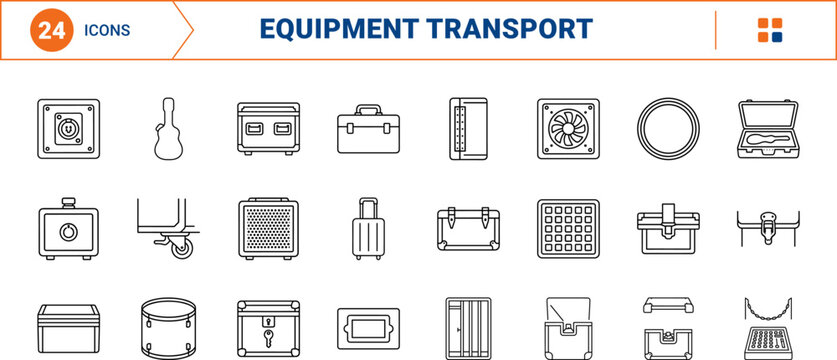 Instrument Flight Case line icon set. Vector pictograms of transport, protection, hardware, and storage elements, thin linear illustration.
