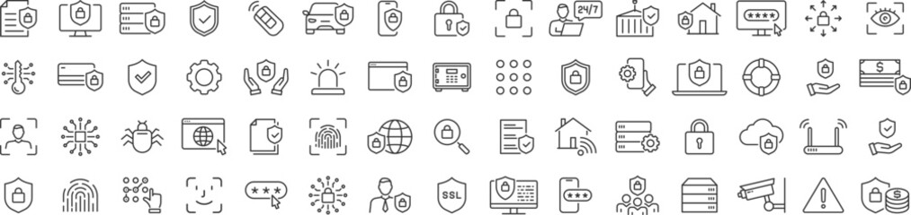 Fototapeta premium Set of cybersecurity and network protection outline icons.