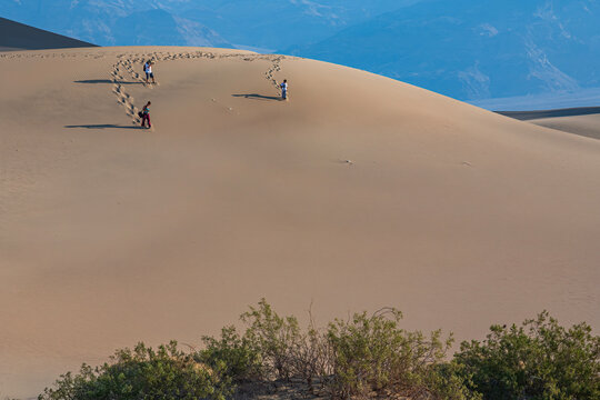 Beautiful wide view of tourists hiking on sand dunes ridge in desert