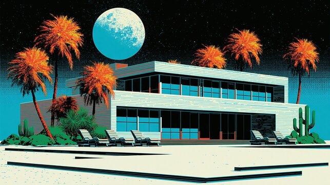 Retro pixel inspired tropical hotel beneath giant moon and orange palms