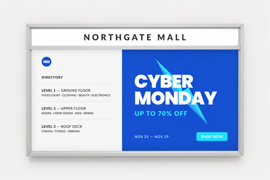 Cyber Monday digital signage in shopping mall, retail directory with sale advertisement, blue electronic display board