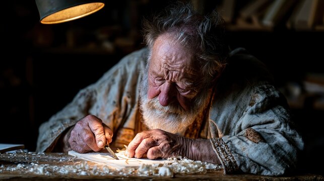 Elderly Caucasian craftsman carefully carves small wooden piece at workbench