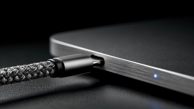 Braided charging cable connected to slim smartphone on dark surface