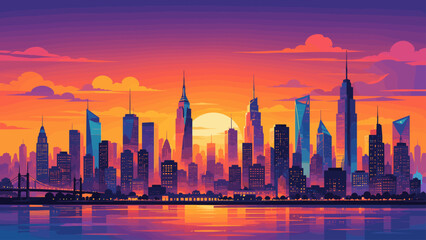 Fototapeta premium Vibrant city skyline at sunset with warm glowing skyscrapers and reflection
