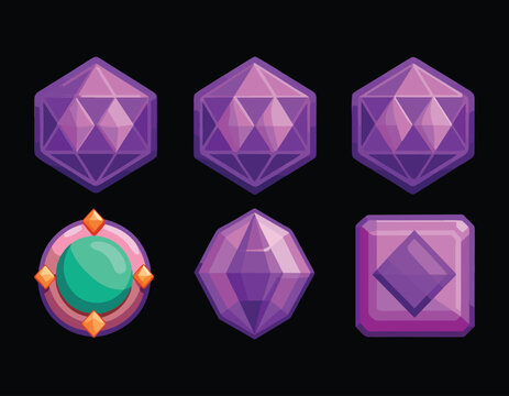 Colorful geometric gemstones and crystal icons with shiny purple facets