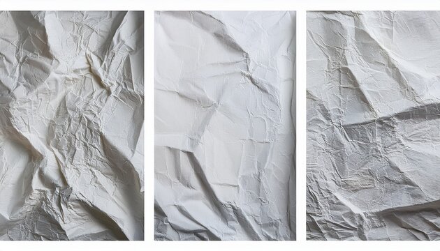 four vertical white paper sheets with wrinkled texture and folded creases
