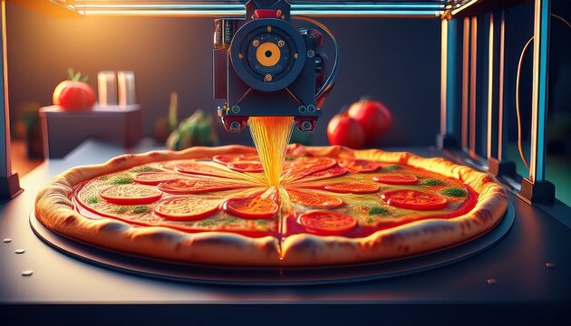 3d printer prints pizza cooking device of future for making food home future technology realistic composition with process 3d printing of pizza imitation generative ai
