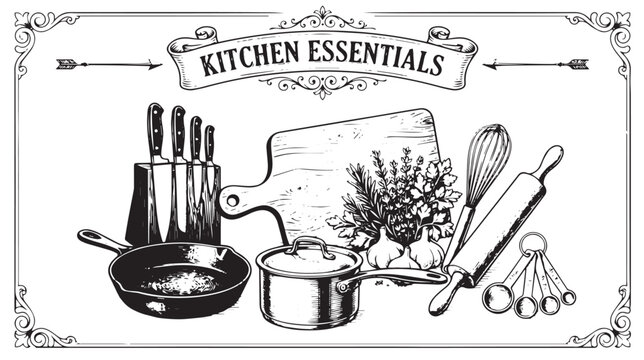 Vintage kitchen essentials utensils engraving illustration vector design