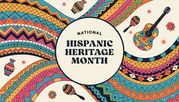 National hispanic heritage month banner with vibrant colorful ethnic folk patterns
