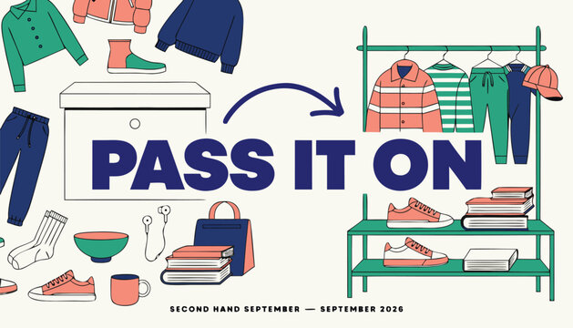 Sustainable clothing donation concept featuring garments moving from box to rack