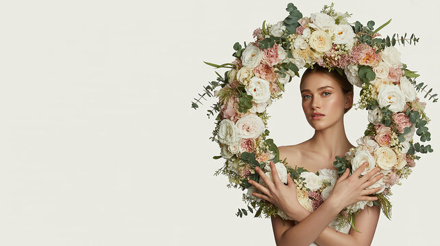 Woman Adorned with Floral Crown: A striking young woman emerges from a circular arrangement of fresh blossoms and greenery, her beauty harmonizing with the vibrant floral artistry.