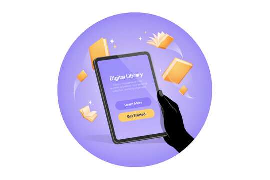 A hand holds a digital tablet displaying an inviting interface for a digital library application