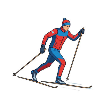 Font specimen male cross country skier in blue and red sportswear as transparent PNG