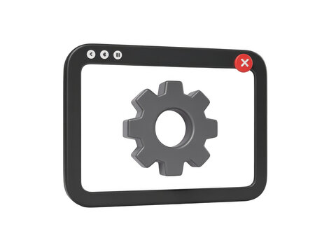A 3D rendered browser window icon featuring a central gear symbol on black background