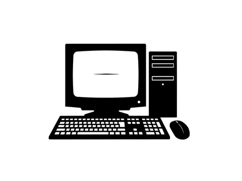 A minimalist white line drawing of a retro desktop computer setup on black background